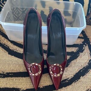 Stuart Weitzman Burgundy Patent Pointed-Toe Pumps with Circular Stud Accent